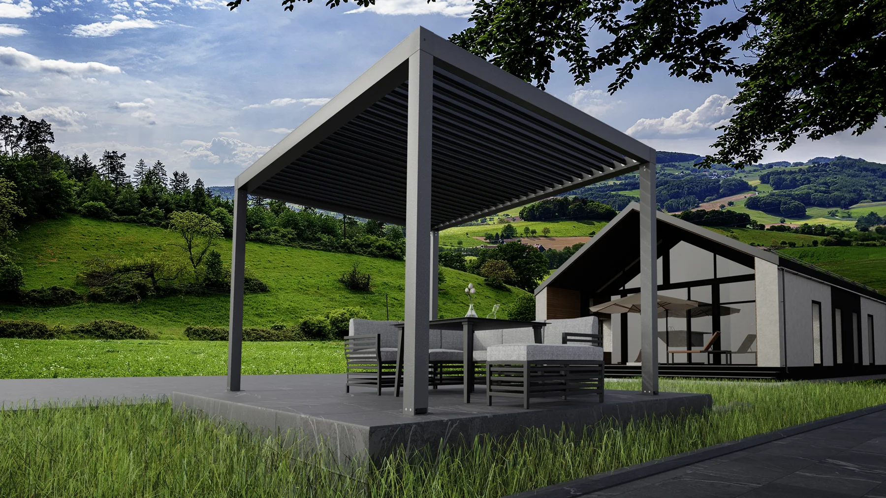 Freestanding Avora pergola in a garden