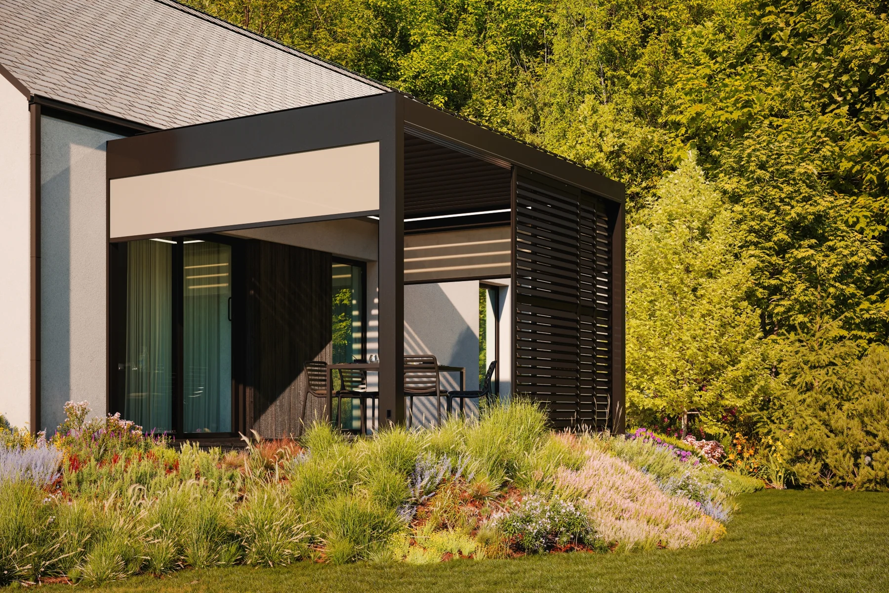 Avora P3 pergola beside a garden